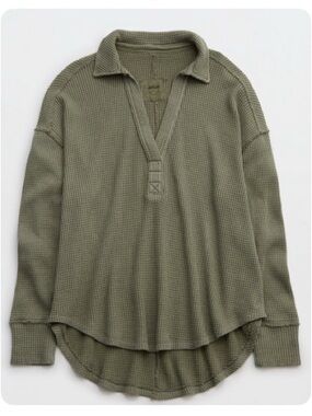 Aerie Olive Green Lumberjane Oversized Waffle Polo Henley